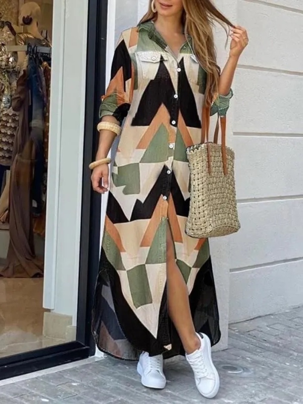 Geometric Print Long Skirt in Black, Green, and Tan